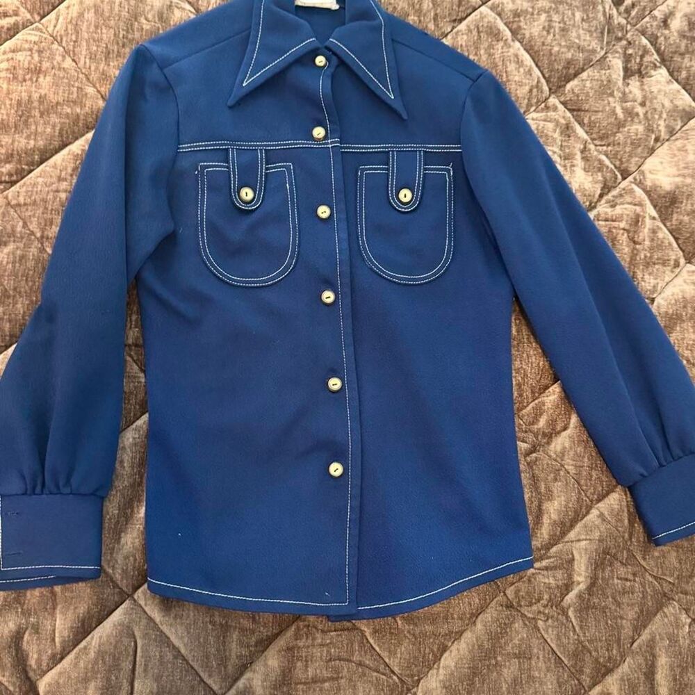Vintage 70s Nicole Sportswear Navy Blue Contrast Stitch Shirt